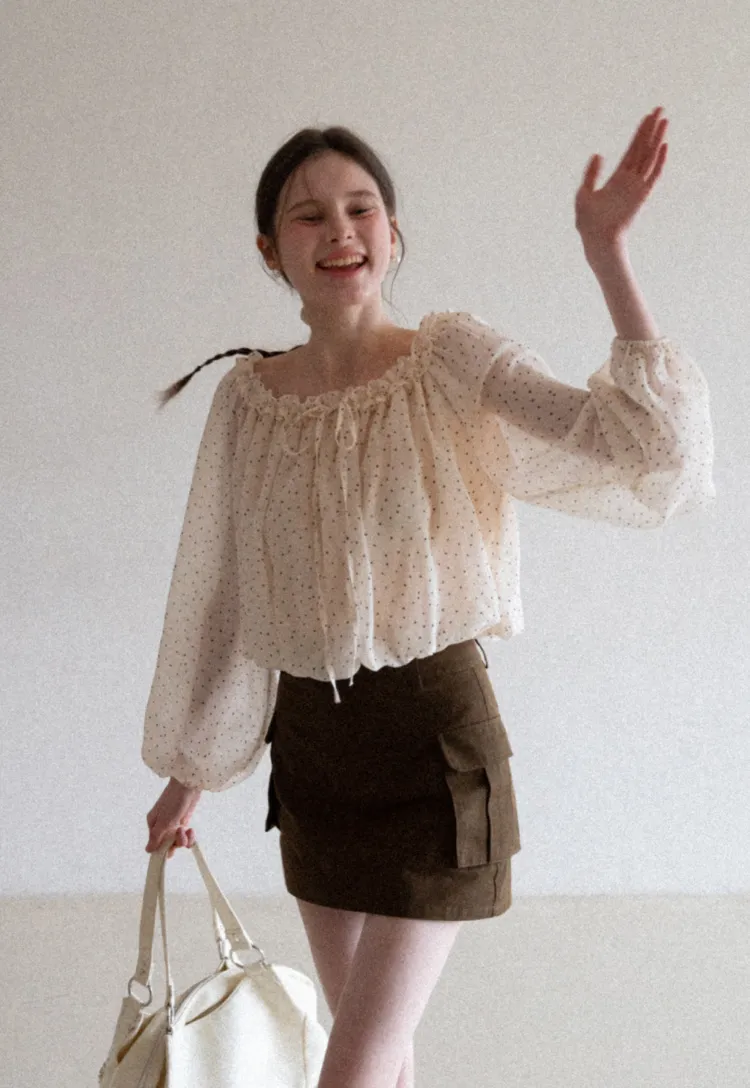 Polka Dot Ruffled Off Shoulder Chiffon Blouse