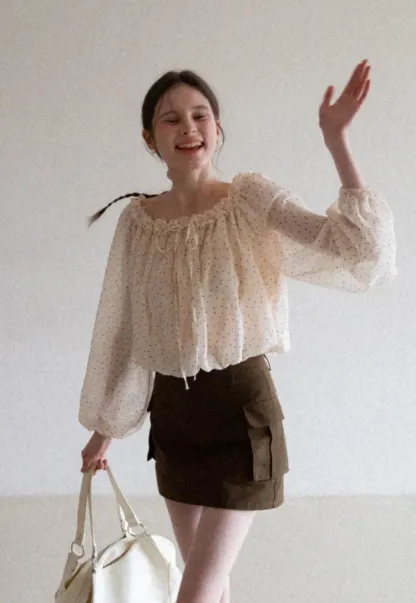 Polka Dot Ruffled Off Shoulder Chiffon Blouse