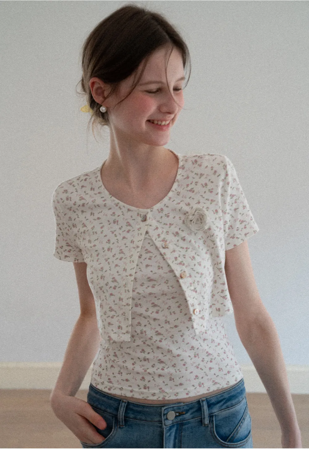 Short sleeve floral print top and tank top set