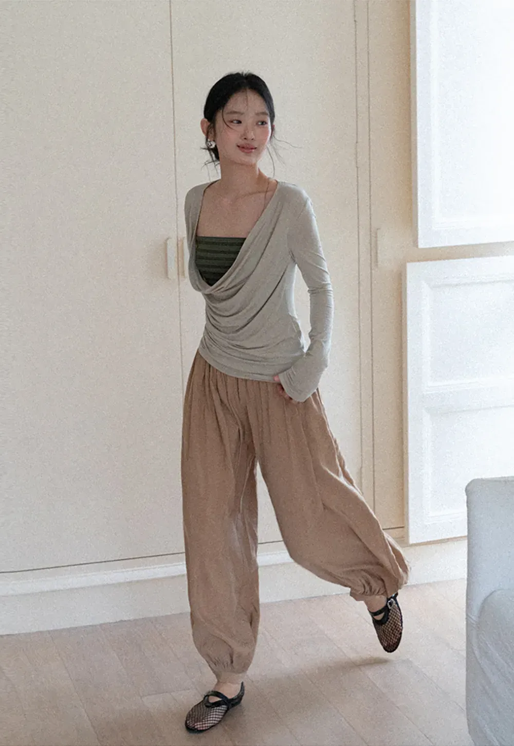 Long sleeve draped neckline top with square cutout