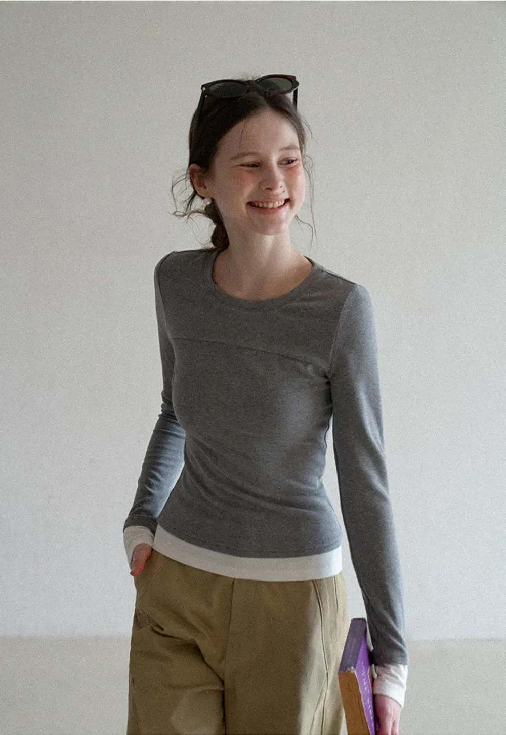 Long sleeve round neck layered t shirt design top