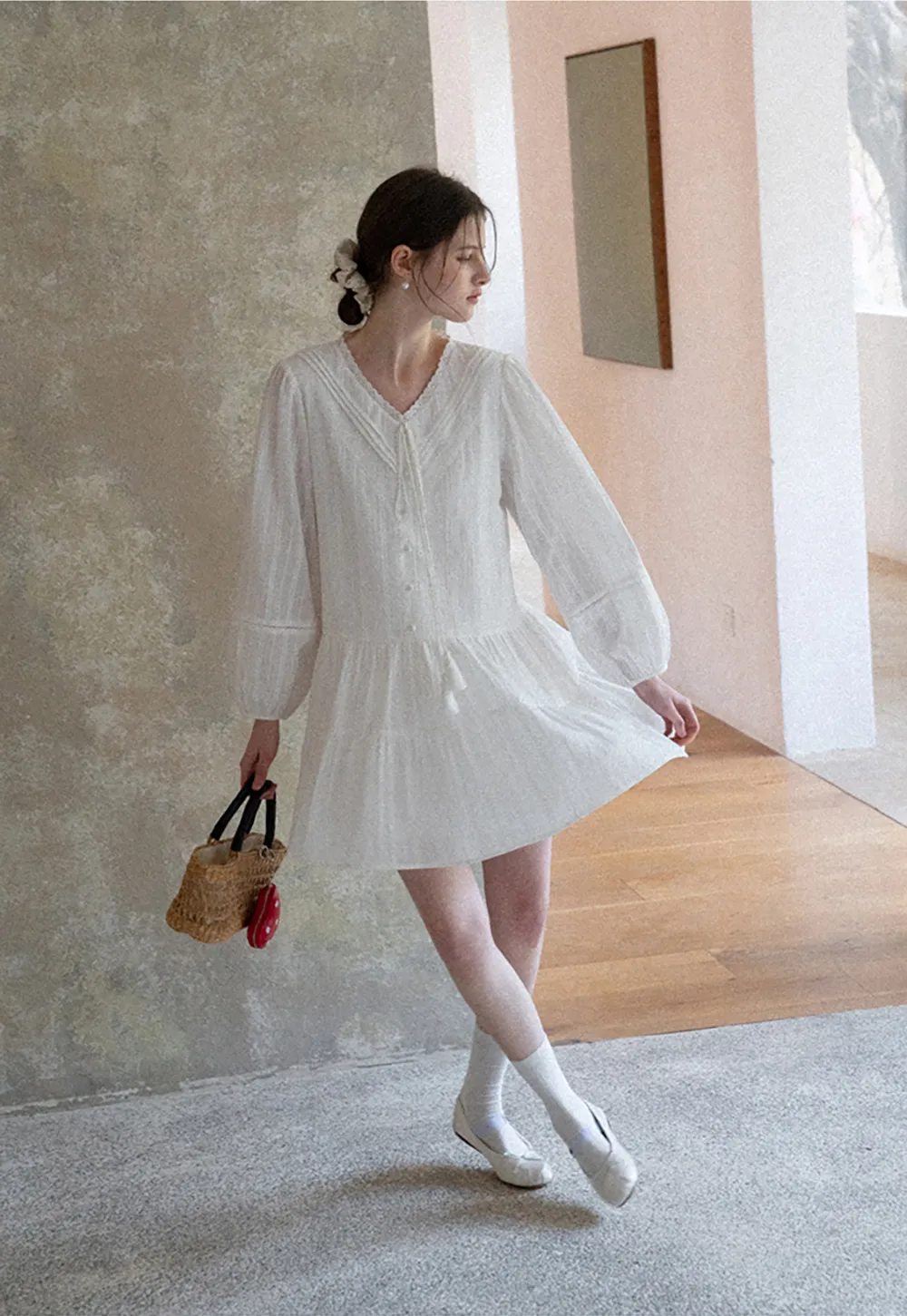 V neck long sleeve tiered dress with lace trim