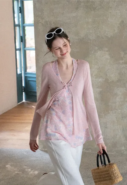 Woolen knit sweater with tie front and floral tank top