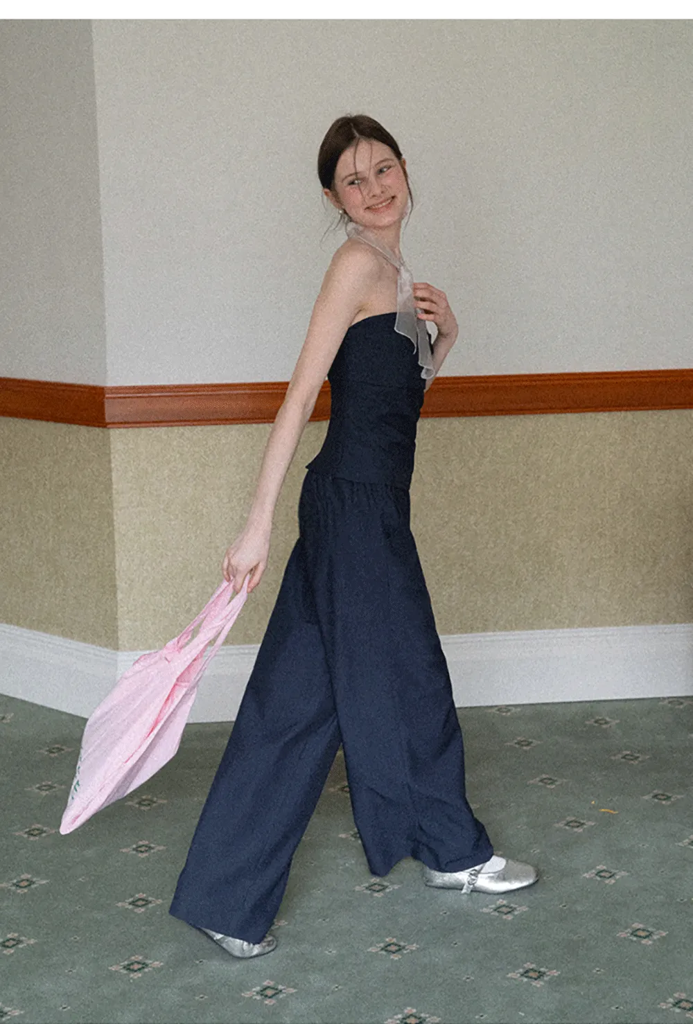 Strapless top with sheer neck tie and loose fit pants