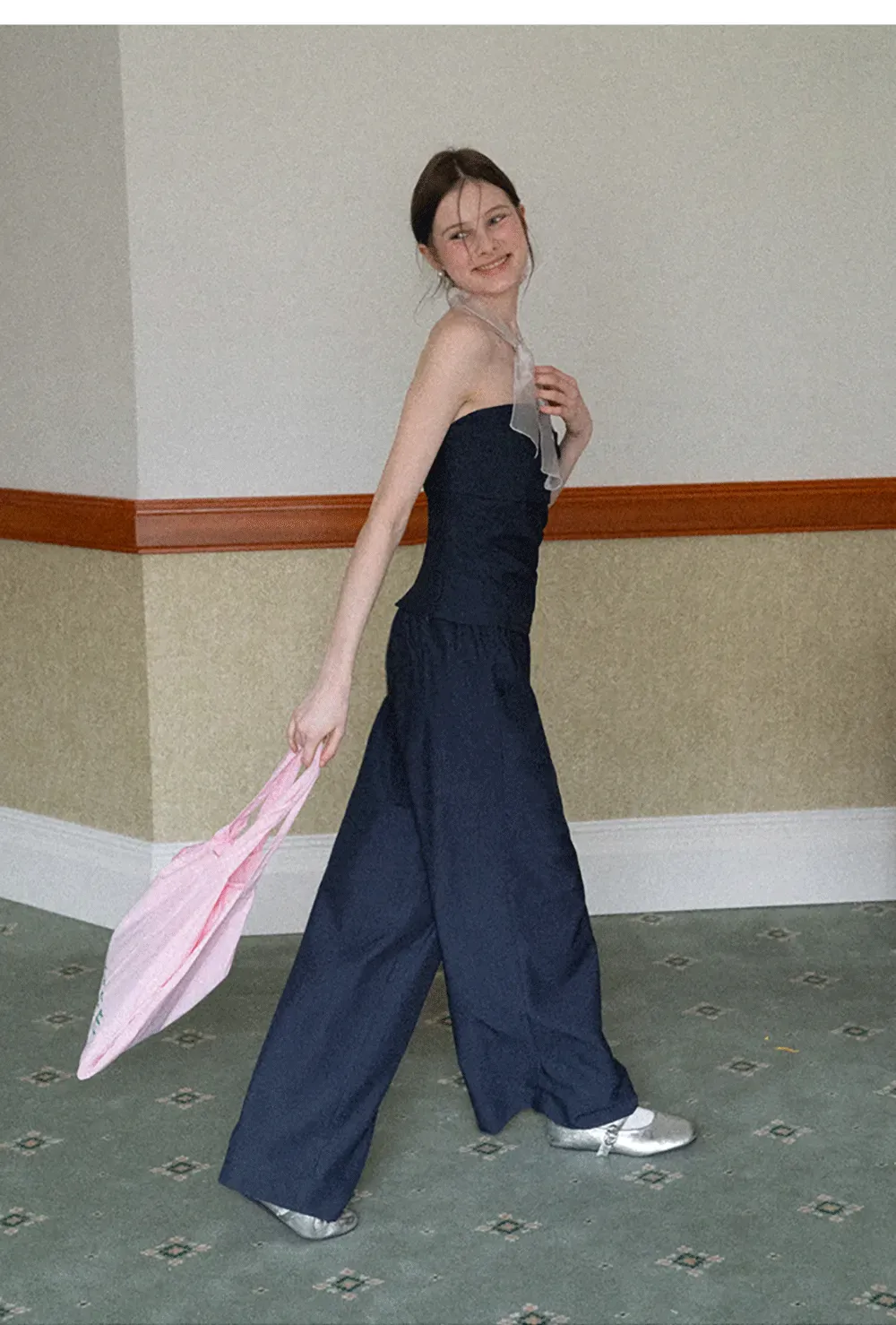 Strapless top with sheer neck tie and loose fit pants