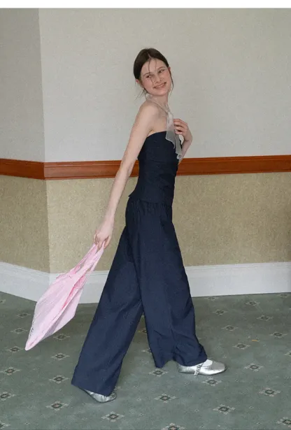 Strapless top with sheer neck tie and loose fit pants