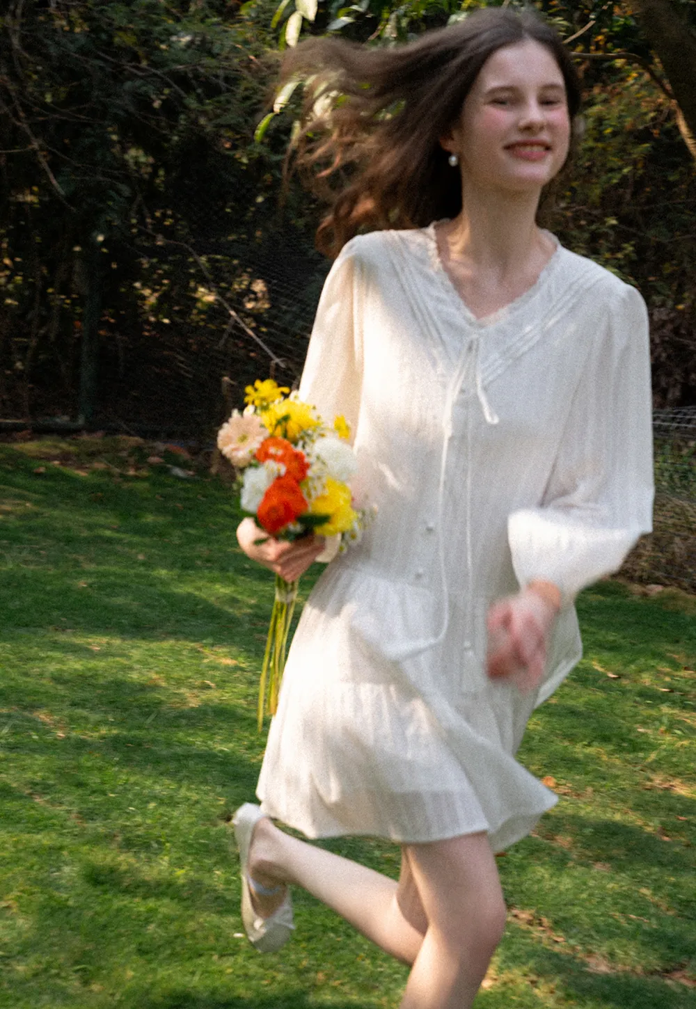 V neck long sleeve tiered dress with lace trim