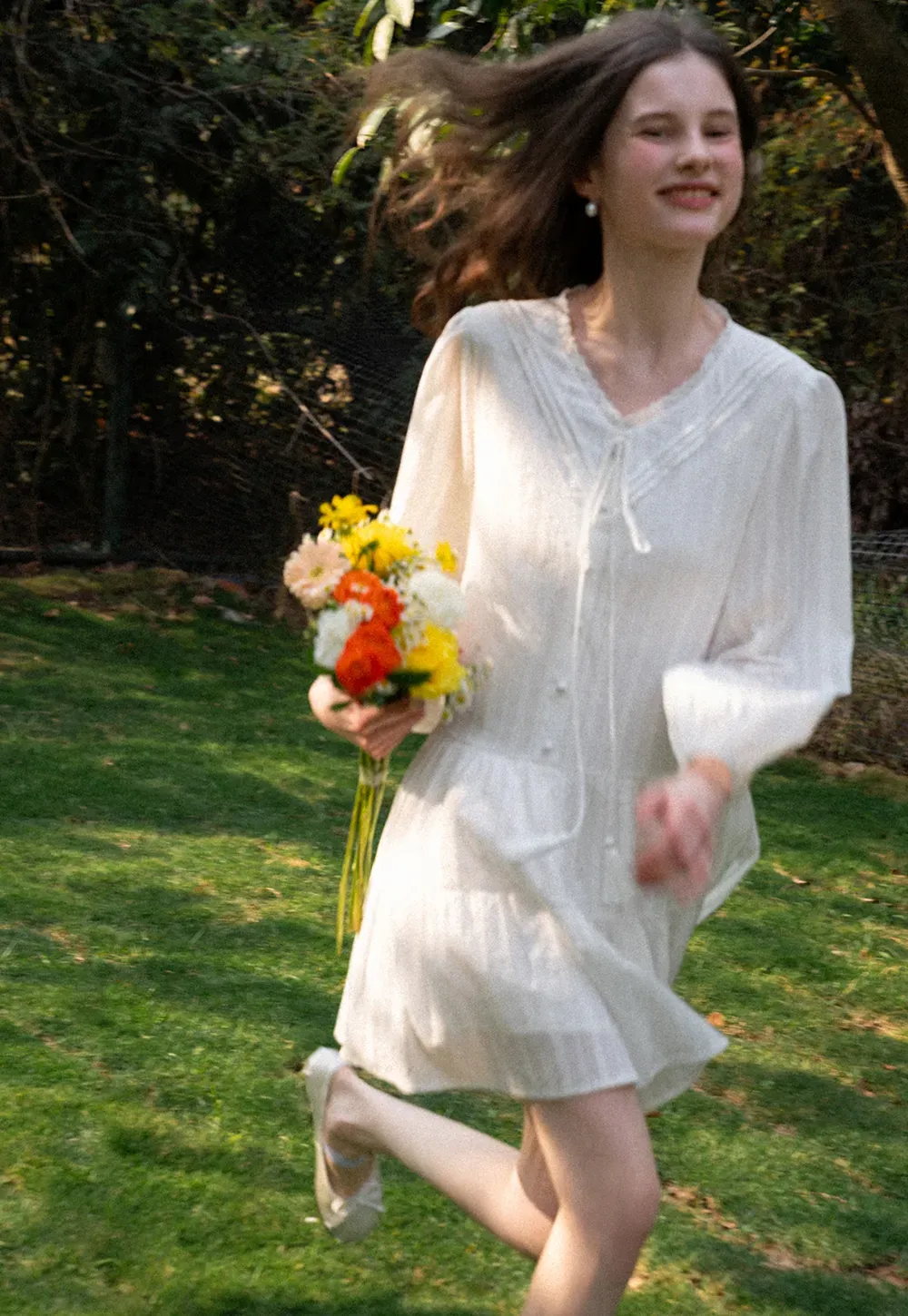 V neck long sleeve tiered dress with lace trim