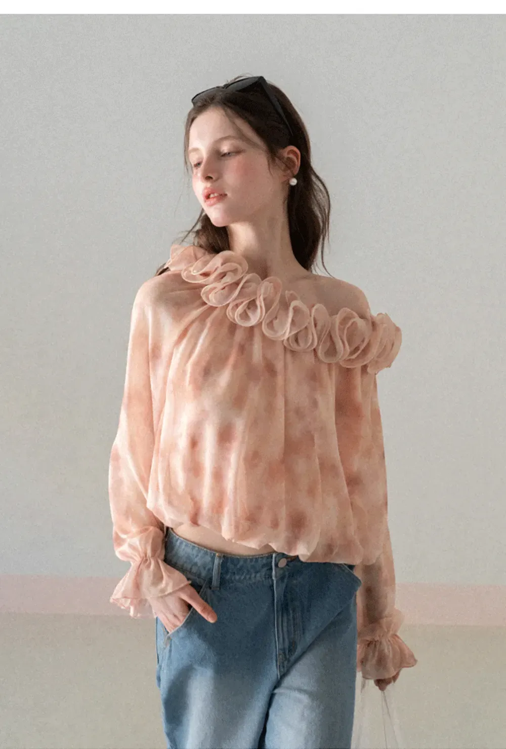 Off Shoulder Ruffled Lace Chiffon Blouse