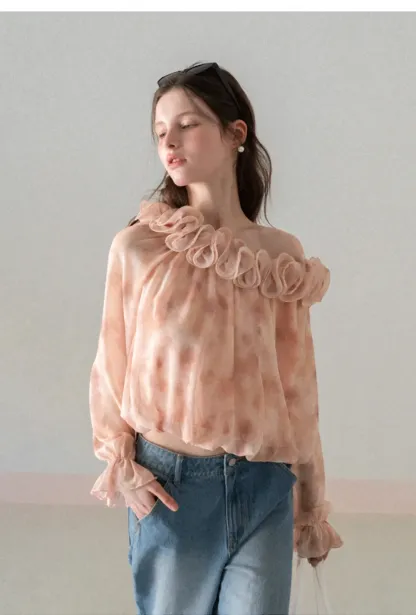 Off Shoulder Ruffled Lace Chiffon Blouse