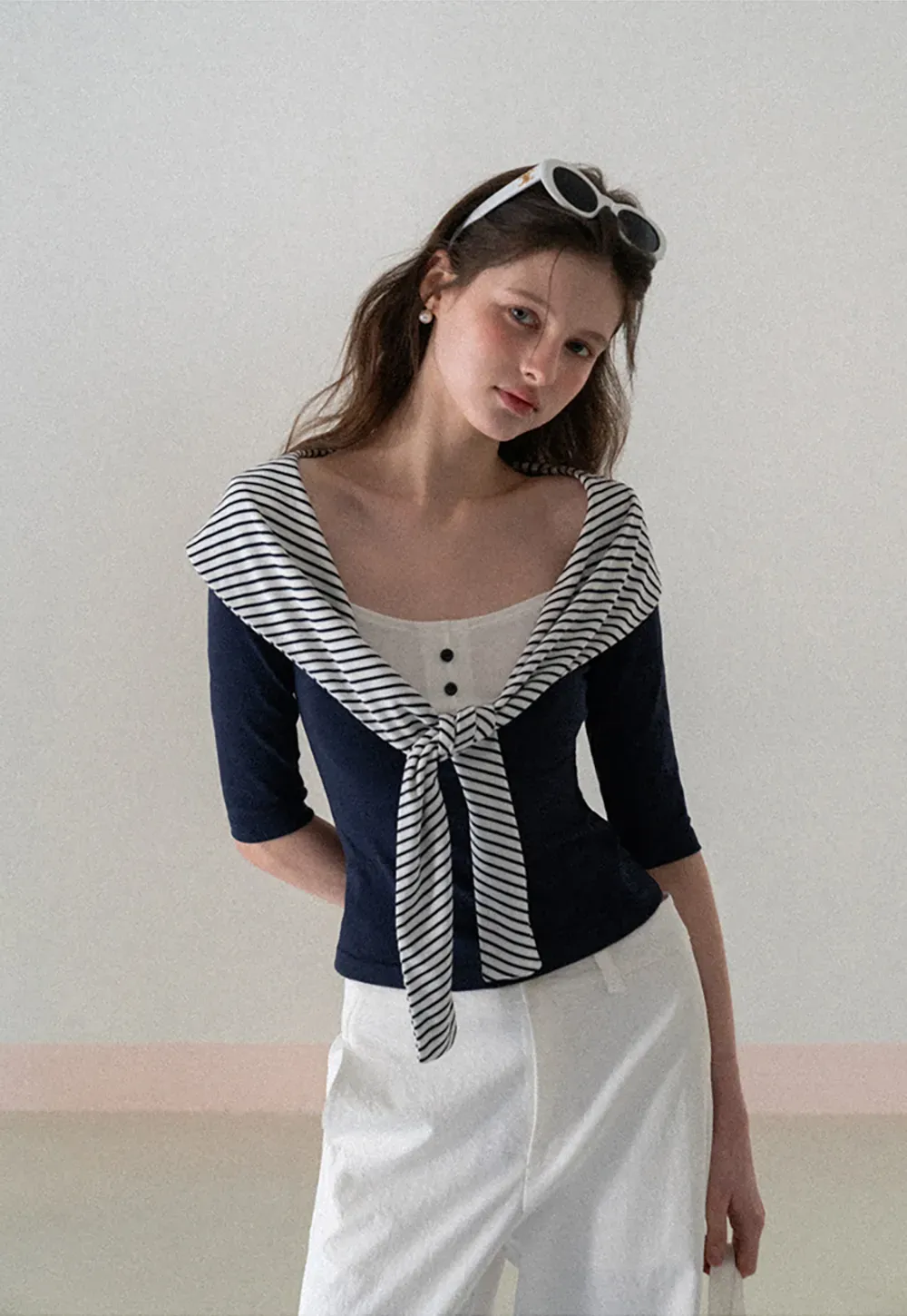 Striped collar tie front short sleeve top
