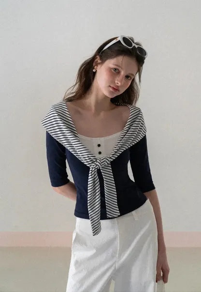 Striped collar tie front short sleeve top