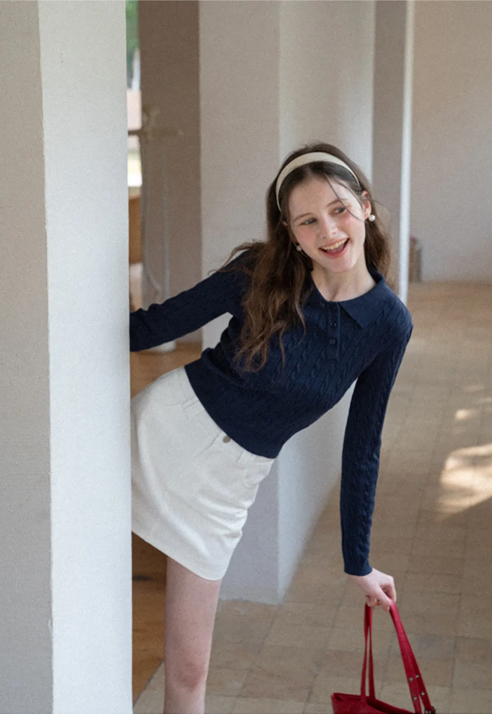 Cable Knit Long Sleeve Polo Neck Cropped Sweater