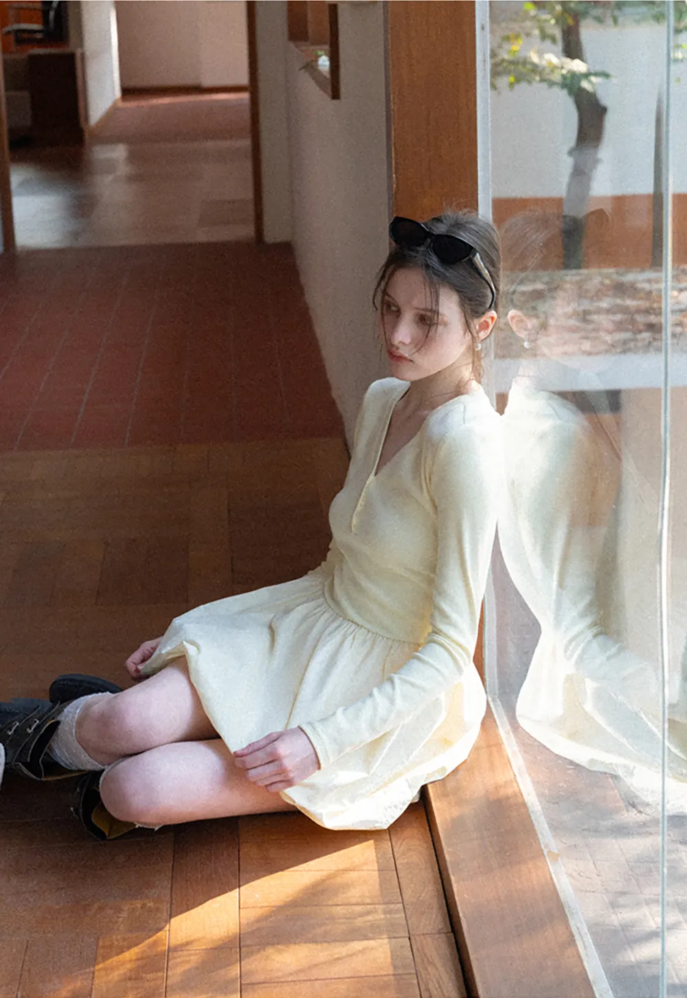 V neck long sleeve dress with flared skirt