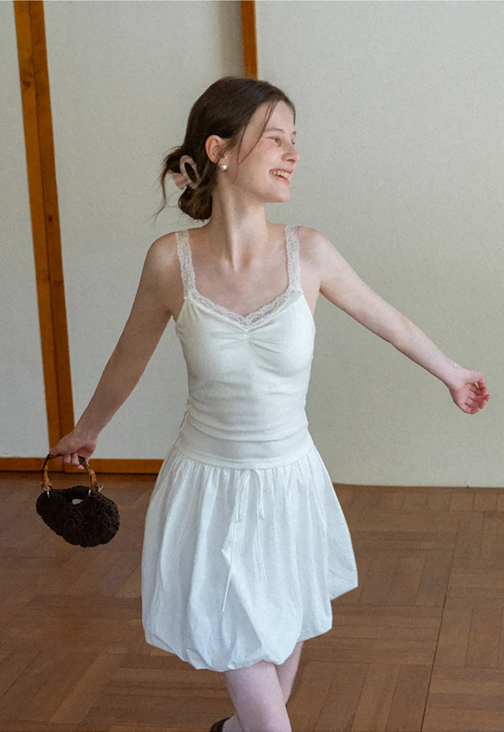 Lace Trimmed V Neck Camisole with Ruched Detail