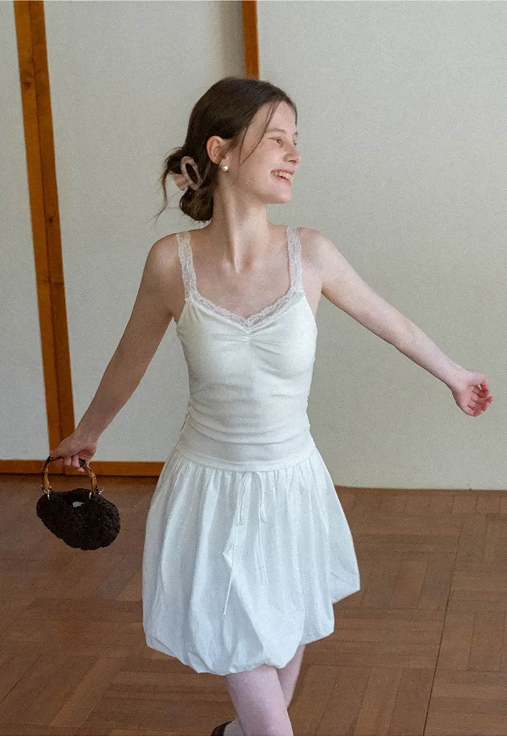 Lace Trimmed V Neck Camisole with Ruched Detail