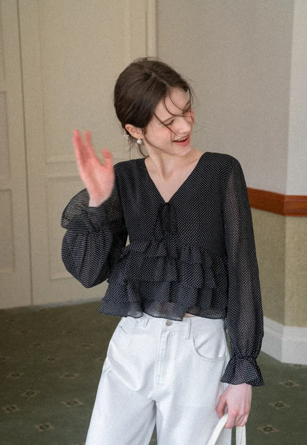 Polka Dot Sheer Blouse with Ruffled Hem and Tie Neck