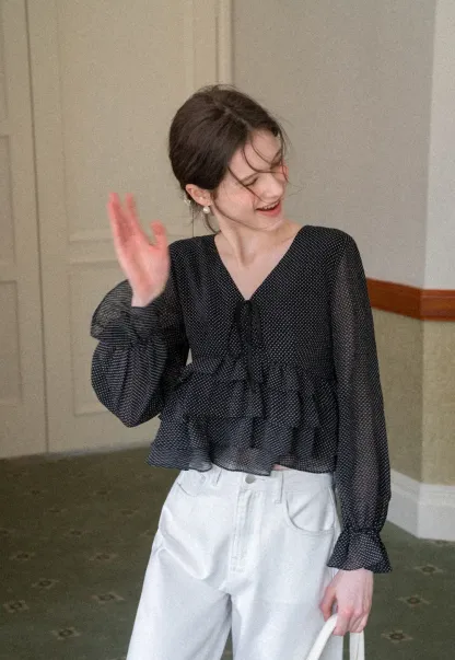 Polka Dot Sheer Blouse with Ruffled Hem and Tie Neck