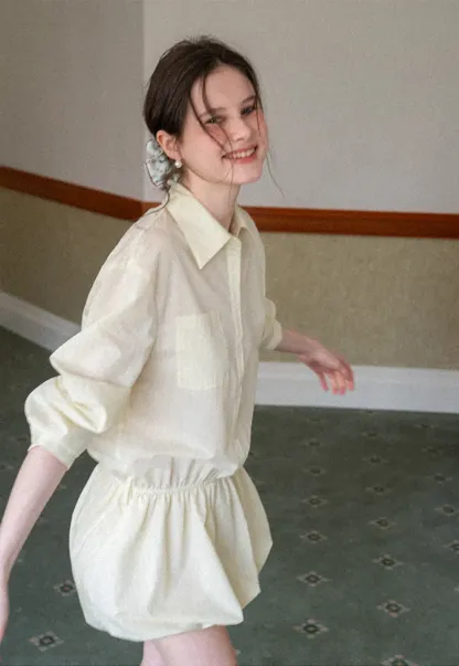 Button Front Shirt Dress with Pleated Pocket and Elastic Waist