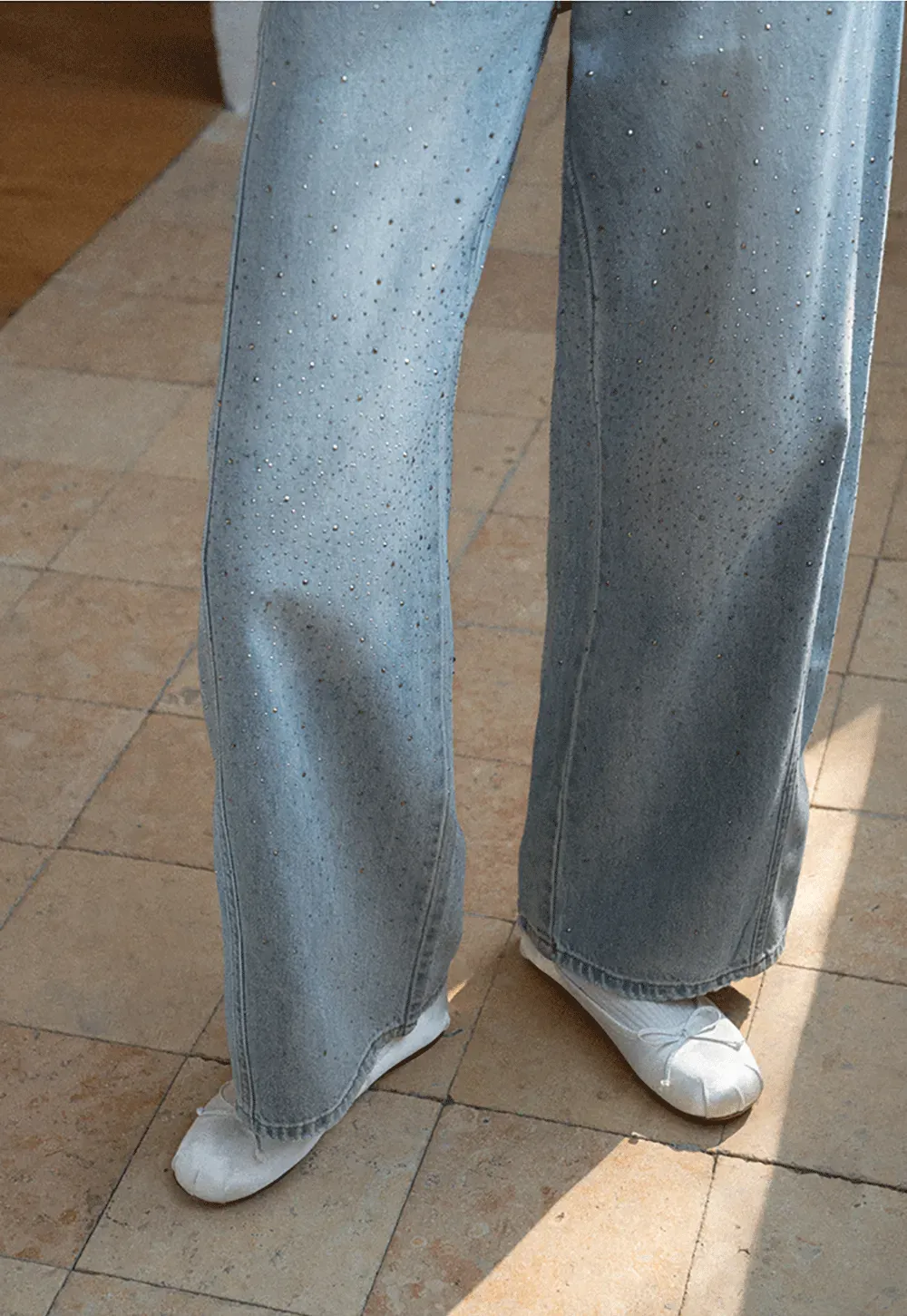 Wide leg jeans with subtle dot embellishments