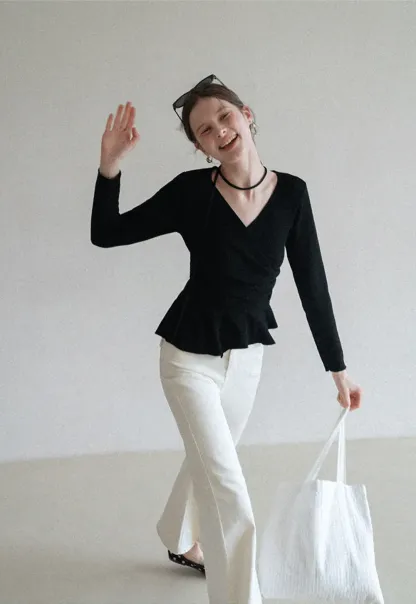 Long sleeve wrap knit sweater with ruched detail