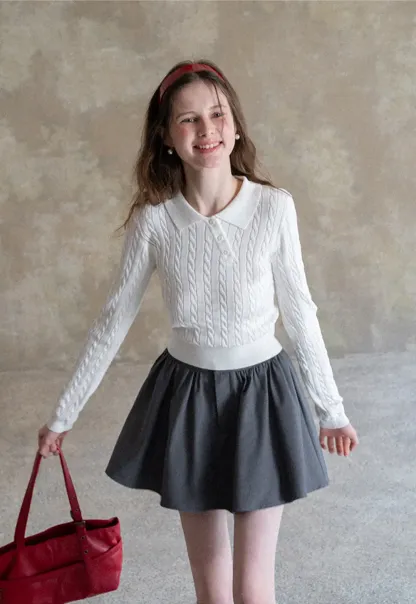 Cable Knit Long Sleeve Polo Neck Cropped Sweater