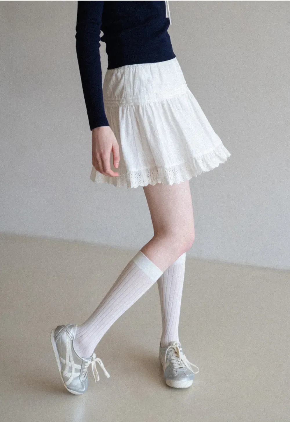 Eyelet Trimmed Tiered Skirt with Ruffled Hem