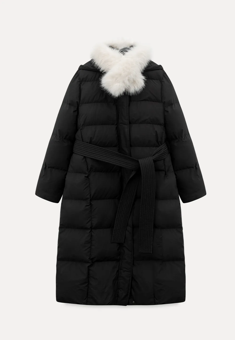 Long Puffer Coat with Fur Trim Hood Belted Design