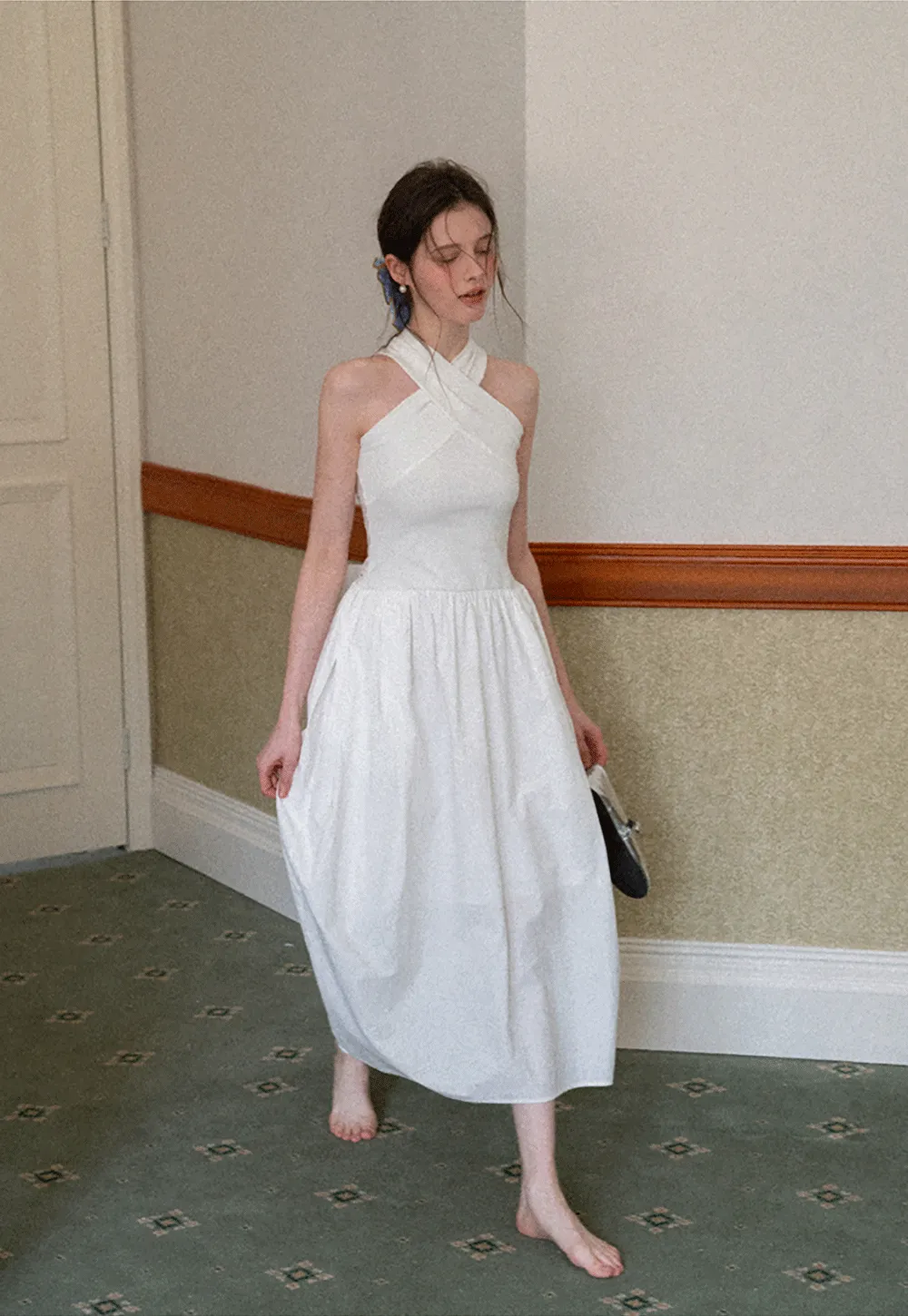 Halter Neck A Line Midi Dress with Pleated Skirt