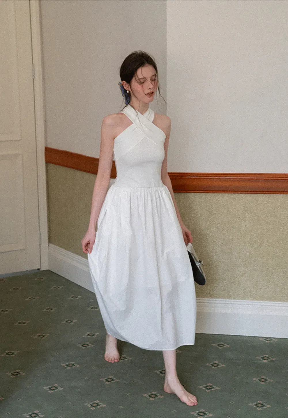 Halter Neck A Line Midi Dress with Pleated Skirt