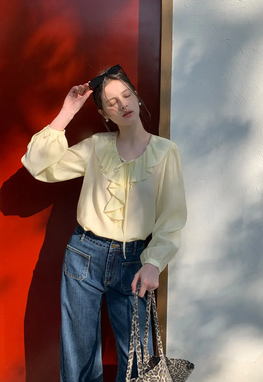 Ruffled Collar Long Sleeve Blouse with Tie Front