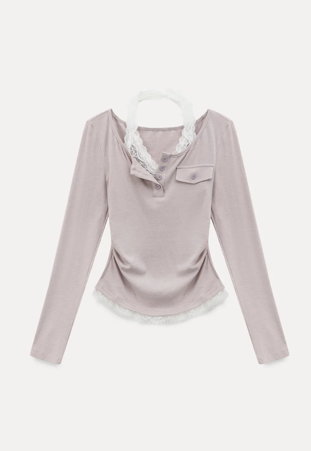 Long sleeve Henley top with lace trim