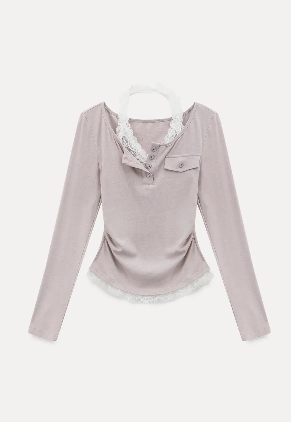 Long sleeve Henley top with lace trim