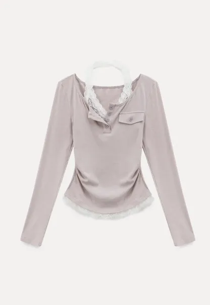 Long sleeve Henley top with lace trim