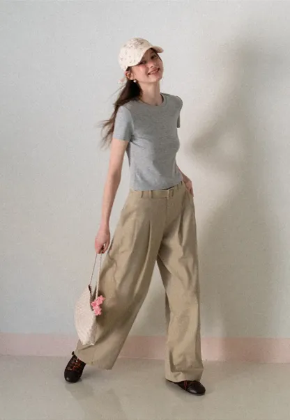Wide Leg Pleated Casual Pants with Belt