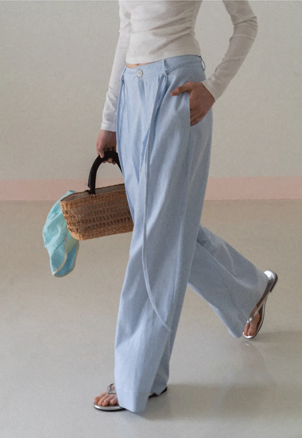 Wide Leg Pleated Casual Pants with Drawstring Waist