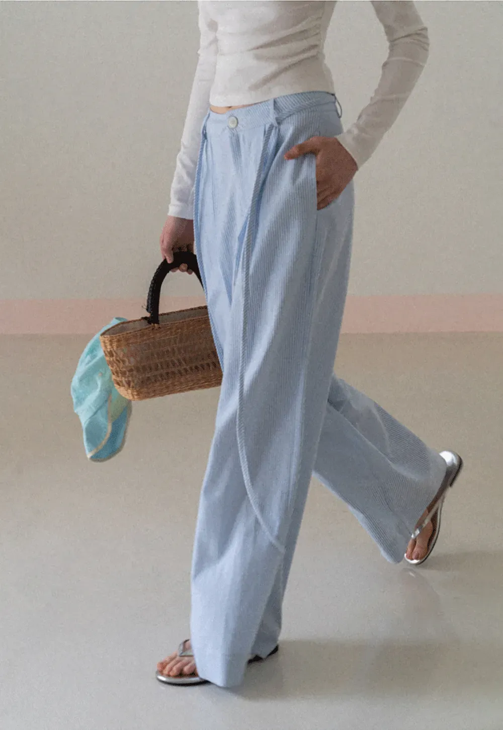 Wide Leg Pleated Casual Pants with Drawstring Waist