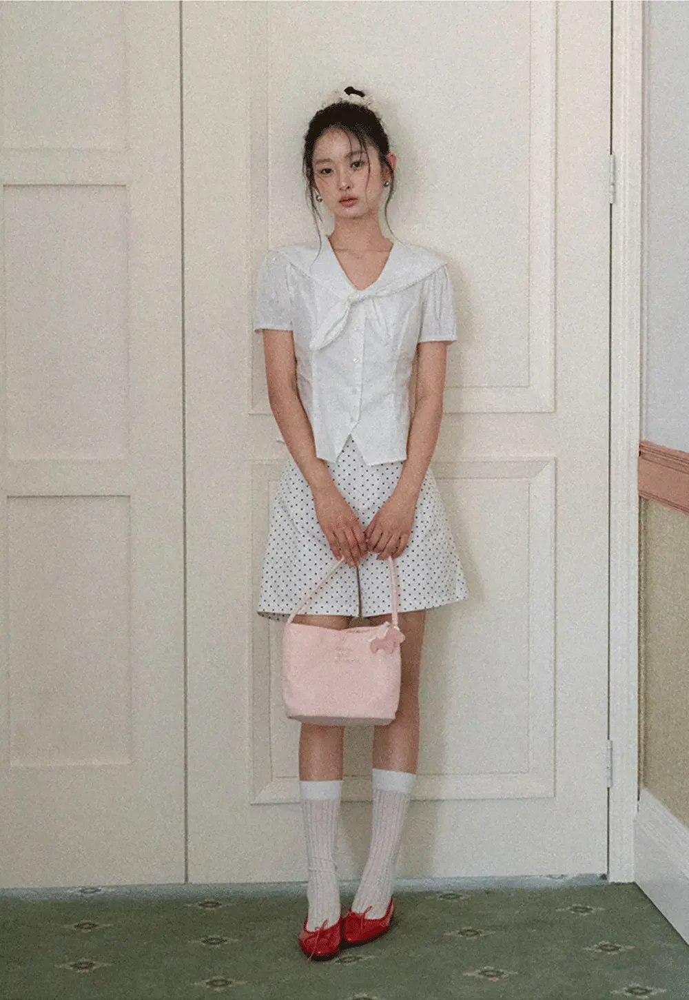 Short Sleeve Shirt with Collar and Bow Detail