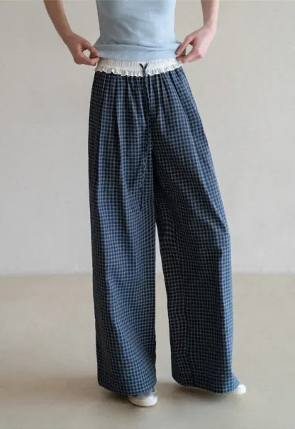 Wide Leg Plaid Casual Pants with Ruffled Waistband