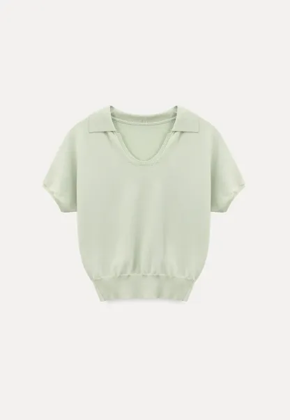 V Neck Short Sleeve Knit Sweater with Collar