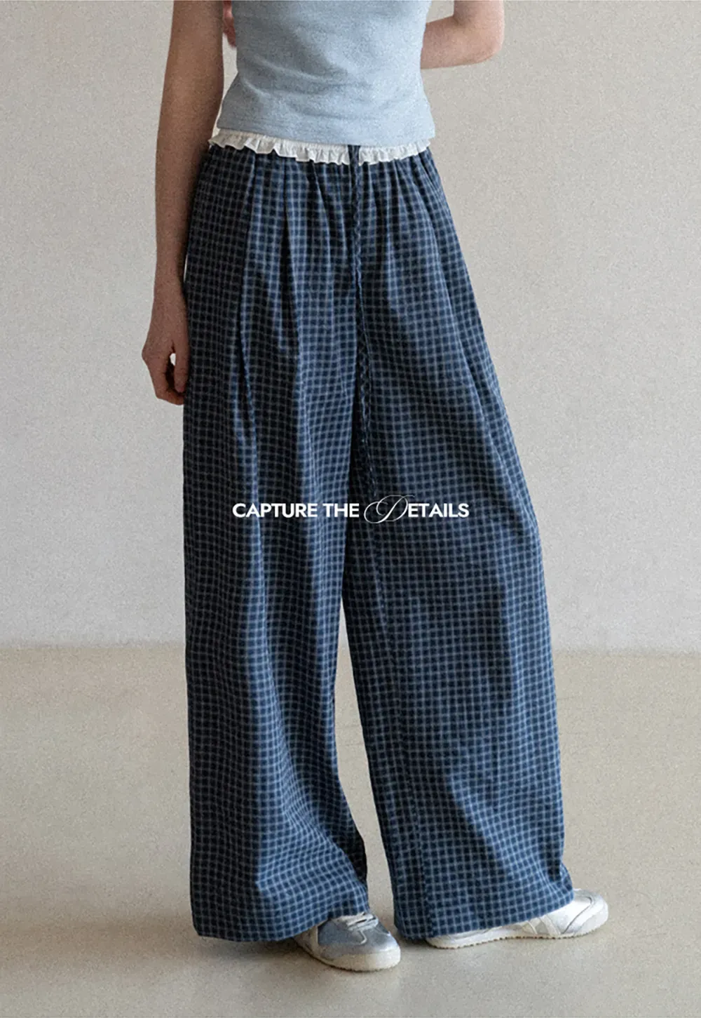 Wide Leg Plaid Casual Pants with Ruffled Waistband