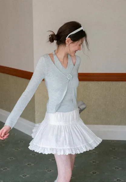 V Neck Knit Sweater with Floral Button Detail