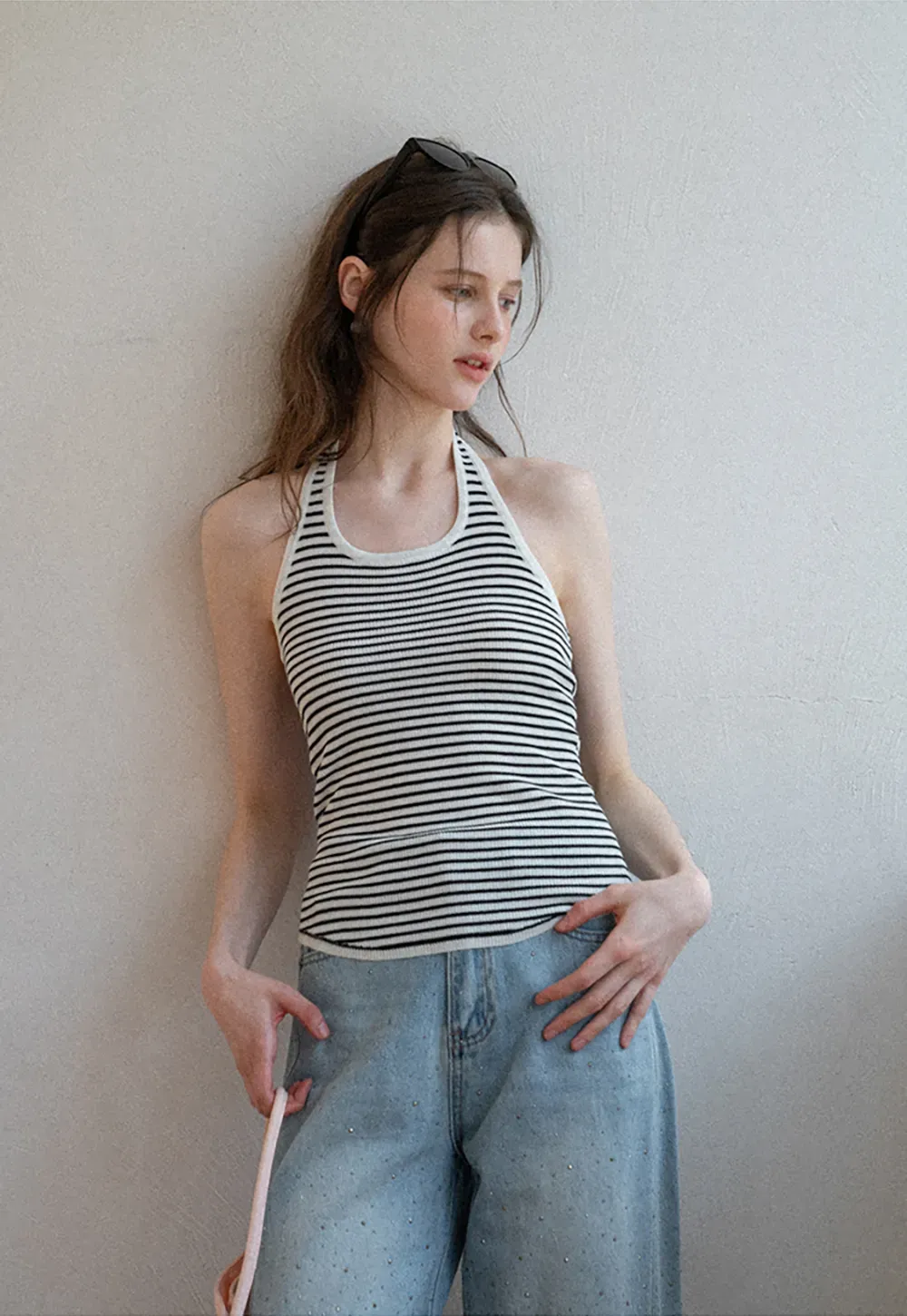 Off Shoulder Long Sleeve Knit Sweater with Striped Trim