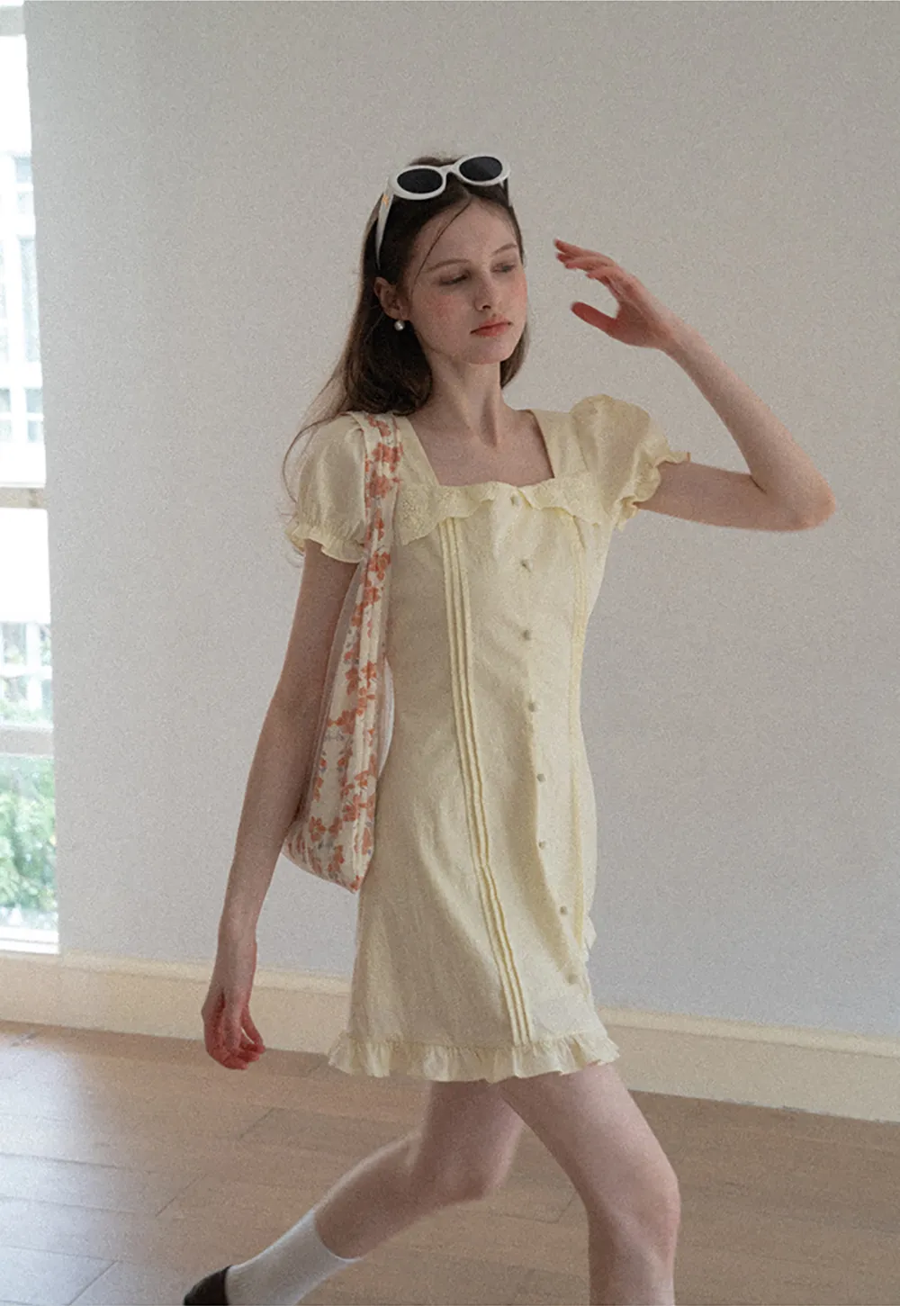 Short Sleeve Button Front Dress with Ruffled Hem