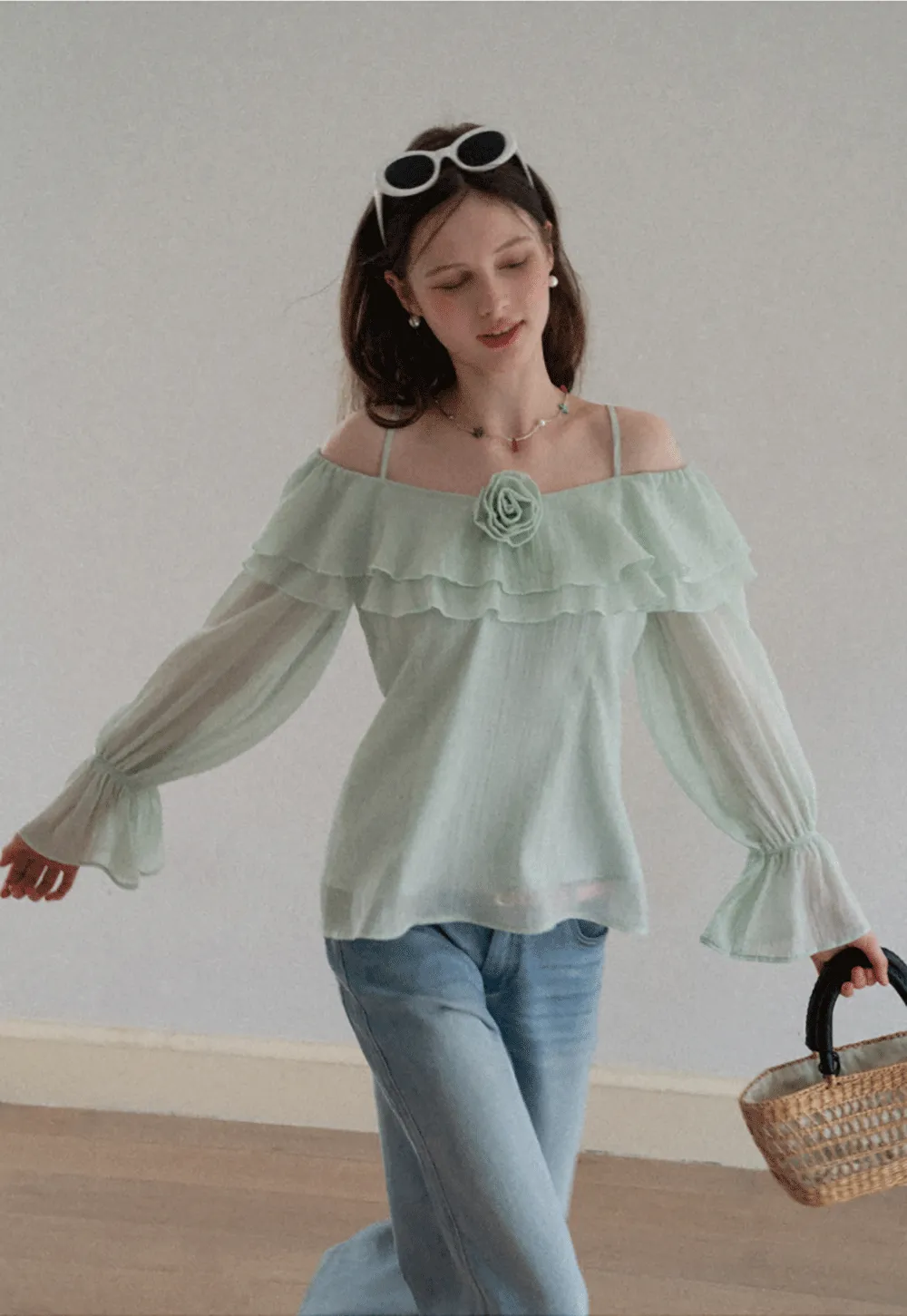 Off Shoulder Blouse with Ruffled Layers and Floral Embellishment