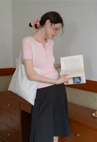 Cable Knit Short Sleeve V Neck Sweater