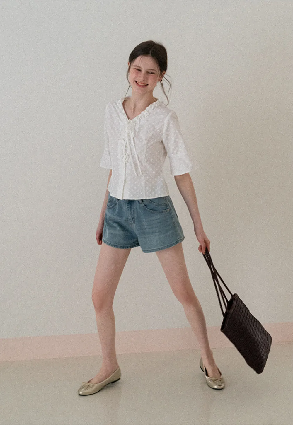 V neck blouse with lace trim and tie front