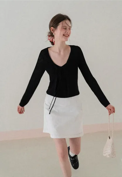 V Neck Long Sleeve Knit Cardigan with Front Tie