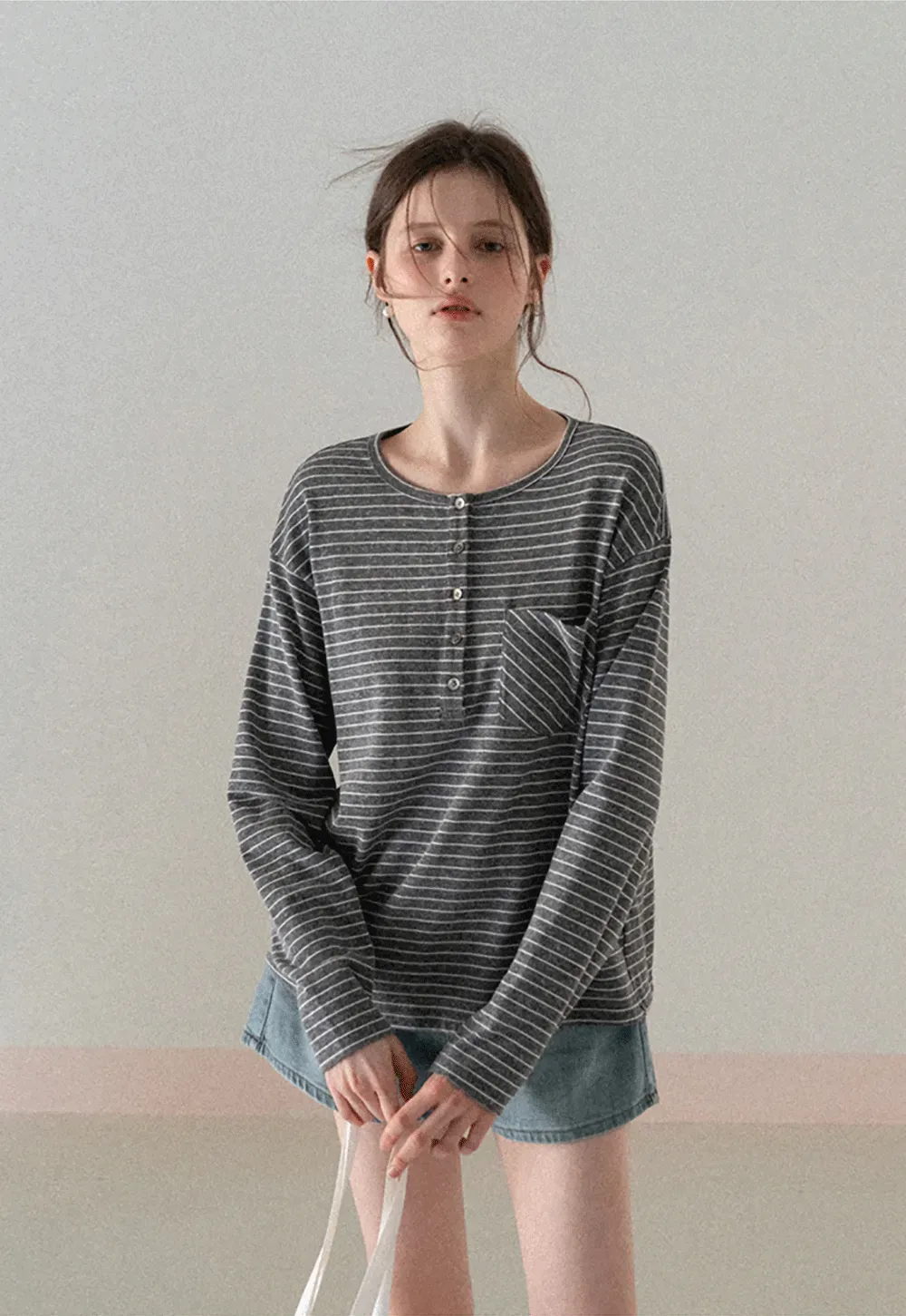 Long sleeve striped henley shirt with chest pocket