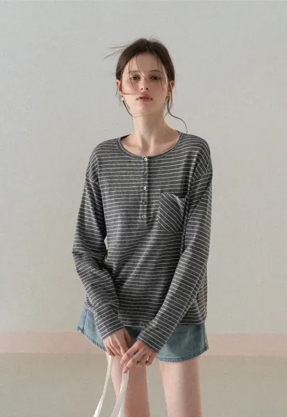 Long sleeve striped henley shirt with chest pocket